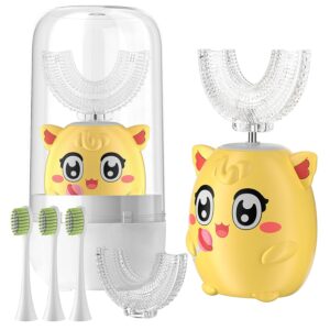 Kids Electric U Shaped Toothbrush Children Rechargeable Sonic Toothbrush with 6 Soft Brush Head Automatic Full Mouth 6 Cleaning Modes - (Age 8-15 Yellow)