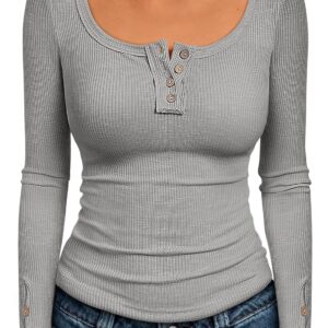 Kissfix Womens Long Sleeve Shirts Fall Clothes Henley Tops Business Casual Ribbed Blouses Fashion Trendy Outfits 2025