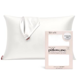 Kitsch Satin Pillowcase with Zipper for Hair & Skin, Softer Than Silk Pillow Cases Standard Size, Wrinkle-Free, Smooth and Cooling Satin Pillow Covers, 19"x26" - Ivory