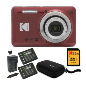 KODAK PIXPRO Friendly Zoom FZ55 Digital Camera (Red) Bundle with 32GB SD Card, Camera Case, and Battery Travel Charger (4 Items)