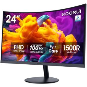 KOORUI 24 inch Curved Monitor, Full HD 1080P Curved Computer Monitor, 100Hz 1500R PC Screen, TรV Rheinland Certified, HDMI VGA, Tilt Adjustment, LCD Display, Eye Care, Black 24N5CA