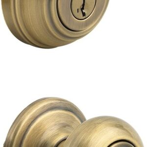 Kwikset Juno Keyed Entry Door Knob and Single Cylinder Deadbolt Combo Pack with Microban Antimicrobial Protection featuring SmartKey Security in Antique Brass, 99910-033