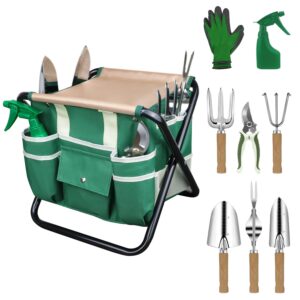 LeMotech Garden Tool Set,10 Pieces Heavy Duty Gardenting Tool Kit, Folding Stool with Detachable Tote Bag, Thicker Stainless Steel Tools (Trans-Planter,Trowel,Weeder etc.) for...