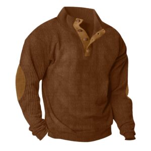 Lexiart Men's Casual Corduroy Sweatshirt Long Sleeve Thermal Stand Collar Button Pullover Sweatshirts