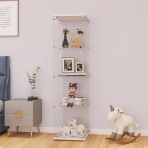 LFT HUIMEI2Y Glass Display Cabinet 4-Shelf with Door and Lock, Curio Cabinets Upgraded Quick-Install Style Tempered Glass Floor Standing Bookshelf for Bedroom, Living Room 65โx...