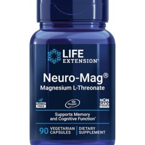 Life Extension Neuro-Mag Magnesium L-Threonate, Memory Health, Quick Thinking, Cognitive Health Support, Vegetarian, Non-GMO, 90 Vegetarian Capsules (144 mg from 2000 mg Magtein...