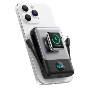 Magnetic Portable Charger 10800mAh for iPhone with Built-in Cables, 6-in-1 Wireless Power Bank with iWatch Charger, LCD Display 25W PD Fast Charging Battery Pack for iPhone...