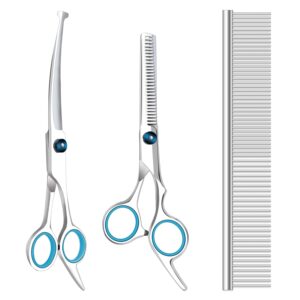 Maxshop Dog Grooming Scissors with Safety Round Tips, Heavy Duty Titanium Pet Grooming Trimmer Kit, Professional Thinning Shears, Curved Scissors with Comb for Dogs and Cats...