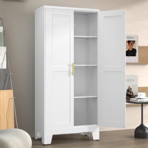Metal Pantry Cabinet with 2 Doors and Adjustable Shelves - 61" Kitchen Storage Cabinet with Gold Handles - Versatile Storage for Kitchen, Bathroom, Dining Room, Utility Room -...