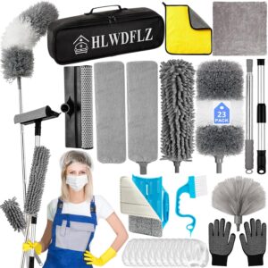 Microfiber Duster Kit 23pcs with 30 to 100 Inches Extension Pole and Extendable Window Squeegee, Washable and Bendable Feather Duster for Cleaning Ceiling Fans, High Ceilings,...