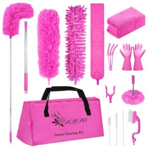 Microfiber Dusters for Cleaning, Feather Dusters with Extension Pole, Bendable & Washable Dusters for High Ceiling Fan, Blinds, Cars, Furniture, Cleaning Tools Kit Pink Gift for...