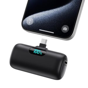 Mini Portable Charger USB C Power Bank,Upgraded 5000mAh PD Fast Charging Battery Pack Built-in USB-C Connector,LCD Display,Compatible with iPhone16,16 Plus,16Pro/Max/15,iPad...