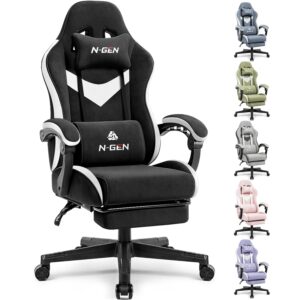 N-GEN GAMING Video Gaming Chair Office Computer Desk Use Ergonomic Reclining Backrest Adjustable Armrests Lumbar Support Footrest High Density Foam Breathable Fabric Heavy Duty...