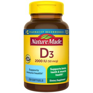 Nature Made Vitamin D3 2000 IU (50 mcg), Vitamin D Supplement for Bone, Teeth, Muscle and Immune Health Support, 250 Softgels, 250 Day Supply