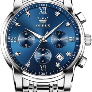OLEVS Men's Stainless Steel Chronograph Watch, Big Face Gold Silver Black Tone Easy to Read Analog Quartz Watch, Luxury Waterproof Date Diamond Roman Arabic Numerals Dial Dress...