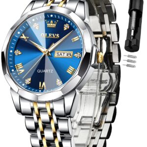 OLEVS Watch for Men Diamond Business Dress Analog Quartz Stainless Steel Waterproof Luminous Date Two Tone Luxury Casual Wrist Watch