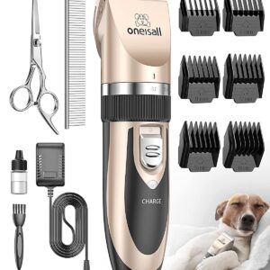 oneisall Dog Clipper Low Noise, Dog Grooming Kit with Rechargeable, Pet Shaver Cordless Electric Quiet Hair Clipper Set for Dogs Cats Pets๏ผGold๏ผ