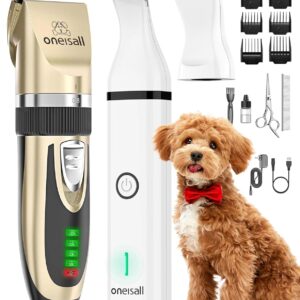oneisall Dog Clippers and Paw Trimmer Kit 2 in 1 Low Noise Cordless Dog Clippers for Grooming Pet Hair Trimmers for Small and Large Dogs Cats Animals