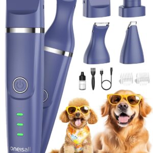 oneisall Dog Clippers & Dog Paw Trimmer 4-in-1 Cordless Grooming Kit: 2-Speed Low Noise Clippers with Rechargeable Quiet Nail Grinder for Dogs & Cats (Blue)