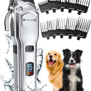 oneisall Dog Clippers for Grooming for Thick Heavy Coats/Low Noise Rechargeable Cordless Pet Shaver with Stainless Steel Blade/Waterproof Dog Shaver for Dogs Pets and Animals...