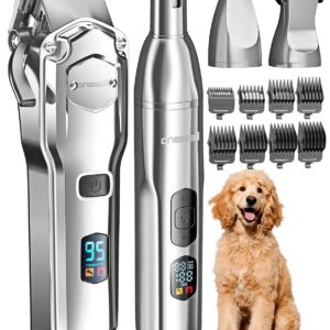 oneisall Dog Clippers for Grooming Thick/Heavy Coats, 4-in-1 Dog Grooming Kit Low Noise with Stainless Steel Blade, Cordless Dogs Paw Trimmer Pet Nail Grinder for Small & Large...