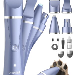 oneisall Dog Paw Trimmer 4 in 1, Low Noise Dog Clippers for Grooming, Cordless Dogs Grooming Kit Nail Grinder, IPX7 Waterproof Puppy Shaver for Pets's Paws, Eyes, Ears, Face, Rump