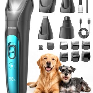 oneisall Quiet Dog Clippers for Grooming LED Light, Cordless Dog Grooming Kit 4 in 1, 2000mAh Pet Clippers Paw Trimmer Nail Grinder for Paw, Nail, Face, Ears, Legs, Body