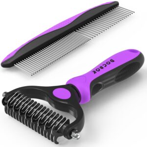 Pet Grooming Brush and Metal Comb Combo - Undercoat Rake for Dematting and Deshedding Long Matted Haired Dogs and Cats, Purple