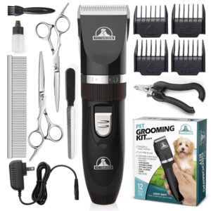 Pet Union Professional Dog Grooming Kit - Cordless Low Noise Dog Clippers for Grooming Thick Coats - All Pet Safe Cat Hair Trimmer - Pet Grooming Kit Includes Dog Hair Clippers,...