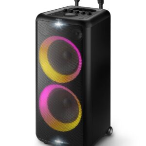 Philips X5206 bluetooth party speaker, portable with wheels, exciting light show, karaoke machine with microphone and Guitar Input, powerful bass & subwoofer, long playtime,...