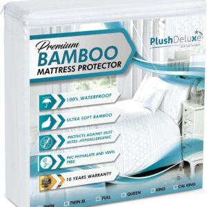 PlushDeluxe Premium Bamboo Mattress Protector โ King Size, Waterproof, & Ultra Soft Breathable Noiseless Washable Bed Mattress Cover for Comfort & Protection - White