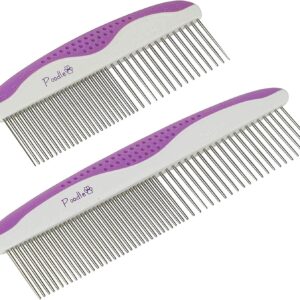 Poodle Pet Dog Combs for Grooming | 2 Pack | Stainless Steel Teeth Easily Remove Dirt | Proper Care Prevents Knots and Mats for Long and Short Haired Pets | Anti-Slip Comfort...