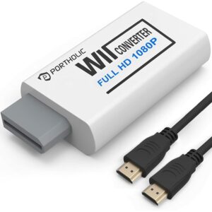 PORTHOLIC Wii to HDMI Converter 1080P for Full HD Device, Wii HDMI Adapter with 3,5mm Audio Jack&HDMI Output Compatible with Wii, Wii U, HDTV, Monitor-Supports All Wii Display...
