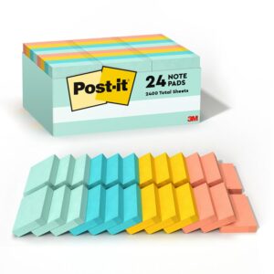 Post-it Notes, 1.5x2 in, 24 Pads, America's #1 Favorite Sticky Notes, Beachside Cafรฉ Collection, Pastel Colors, Clean Removal, Recyclable