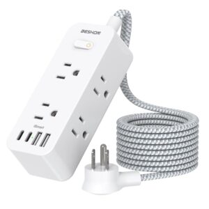 Power Strip Surge Protector, BESHON 5Ft Extension Cord, 6 Outlets with 4 USB Ports (2 USB C Outlet), 3-Side Outlet Extender, Wall Mount, Compact for Travel, Home, School,...