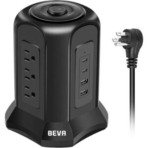 Power Strip Tower Surge Protector BEVA 10ft Flat Plug Desktop Charging Station 9 AC Outlets 4 USB Ports, 900 Joules, Long Extension Cord for Home Office Appliances Smartphones...