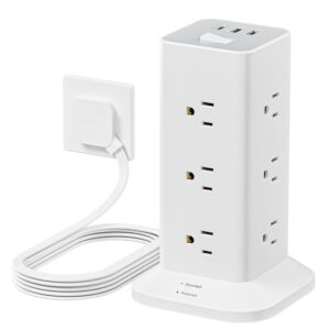 Power Strip Tower with Surge Protector, TESSAN Flat Plug Extension Cord 10 Ft with 12 AC Outlets with 3 USB Ports (1 USB C), Multiple Outlets for Home, Office Supplies, Dorm...