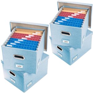 PRANDOM File Organizer Box - Set of 4 Collapsible Decorative Linen Filing Storage Hanging File Folders with Lids Office Cabinet Letter/Legal Size Blue 17.1x14x11.1 inch