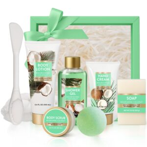 Premium Coconut Spa Gift Baskets for Women, 8 Piece Luxury Bath Set with Bubble Bath & Bath Bombs, Tropical Gift for Her, Anniversary or Birthday Present - Body Scrub, Lotion,...