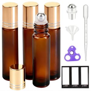 PrettyCare 4 Pack, 10 ml Essential Oil Roller Bottles with Stainless Steel Roller Ball - Refillable Leak-proof Empty Thick Amber Glass Roll on Bottles with Metal Caps for...