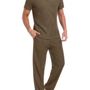 PrinStory Men's Short Sleeve Outfits Waffle Knit Henley Shirt and Pants Set Casual 2 Pieces Summer Tracksuits with Pockets