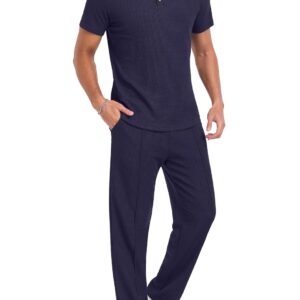 PrinStory Men's Short Sleeve Outfits Waffle Knit Henley Shirt and Pants Set Casual 2 Pieces Summer Tracksuits with Pockets