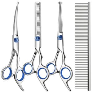Professional 4 in 1 Dog & Cat Grooming Scissors Kit with Safety Round Tips,Sharp & Durable,Dog Shears for Grooming - Includes Straight, Curved, Thinning Scissors and Comb -...