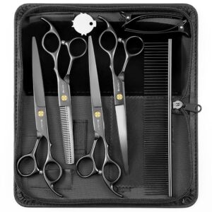 Professional Dog Grooming Scissors Set - 6.5" Thinning, 7" Straight, 7" Up-Curved, 7" Down-curved Scissors and Comb for Dog Cat Pet (Black)