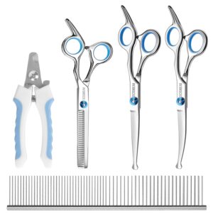 Professional Dog Grooming Scissors with Safety Round Tips, 5 in 1 Dog Grooming Scissors Kit, 4CR Stainless Steel Professional Pet Grooming Shears for Dogs/Cats, Sharp and...