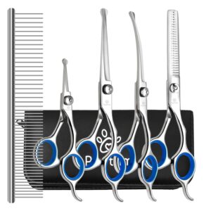 Professional Pet Grooming Kit – 6 in 1 Dog Grooming Scissors Kit - Dog & Cat Grooming Supplies - Adjustable Screw Scissors, 4CR Stainless Steel Dog Clippers, Hair Thinning...