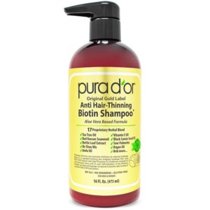 PURA D'OR Original Gold Label Anti-Thinning Shampoo Clinically Tested, Infused with Argan Oil, Biotin & Natural Ingredients, Sulfate Free, All Hair Types, Men and Women, 16 Fl...