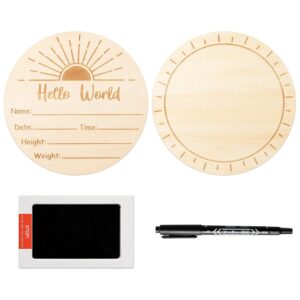 R HORSE Baby Birth Announcement Sign with Marker Pen, Boho Sun Baby Name Sign with Ink Pad for Hand and Footprints, Wooden Hello World Newborn Announcement Nursery Decor...