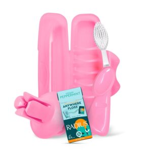 RADIUS Vacation Pastel Bundle, Includes Left Handed Big Brush with Replaceable Head, Toothbrush Travel Case, DOC Toothbrush Holder, Anywhere Travel Floss Packette, Pink, 4 Piece...