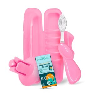 RADIUS Vacation Pastel Bundle, Includes Right Handed Big Brush with Replaceable Head, Toothbrush Travel Case, DOC Toothbrush Holder, Anywhere Travel Floss Packette, Pink, 4...
